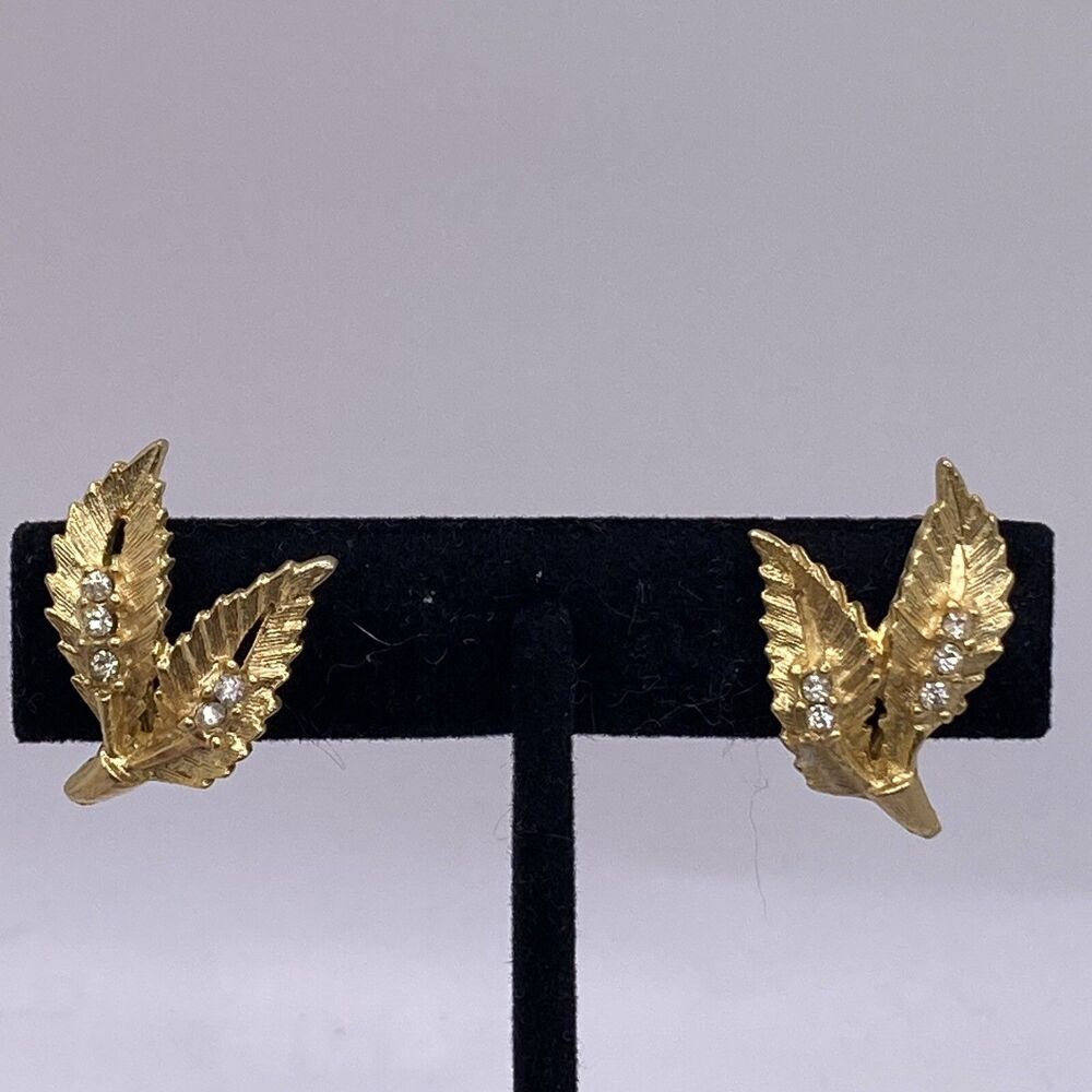 Vintage Clip on Earrings Gold tone Flower Leaves Clear Rhinestone Fall Elegant